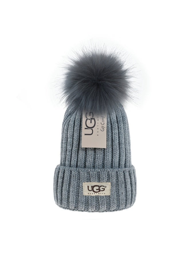 UGG Beige Ribbed Knit Beanie with Fluffy Pom-Pom - Warm Stylish Winter Cap for Daily & Outdoor Use 587Size