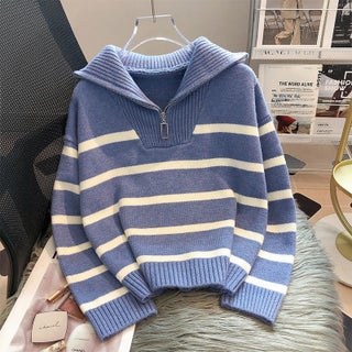 Lazy Style Zipper Striped Knitted Sweater Womens Autumn 2024 New Outfit Loose Short Base Top Blue - pzsku/Z87EF90168F94C64DB93EZ/45/1746228797/3c8b66b2-1607-4c6a-a380-3db8f3dce6dc