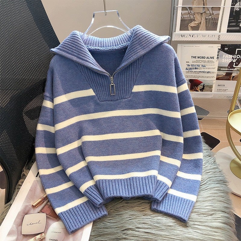Lazy Style Zipper Striped Knitted Sweater Womens Autumn 2024 New Outfit Loose Short Base Top Blue