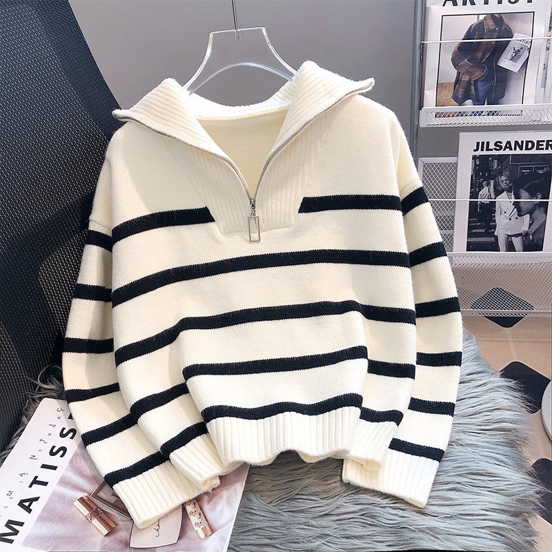 Lazy Style Zipper Striped Knitted Sweater Womens Autumn 2024 New Outfit Loose Short Base Top Blue