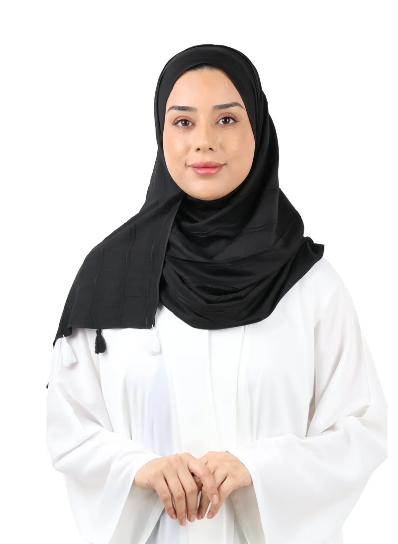 Crinkle Cotton Scarf with Tassel Trim (Black)