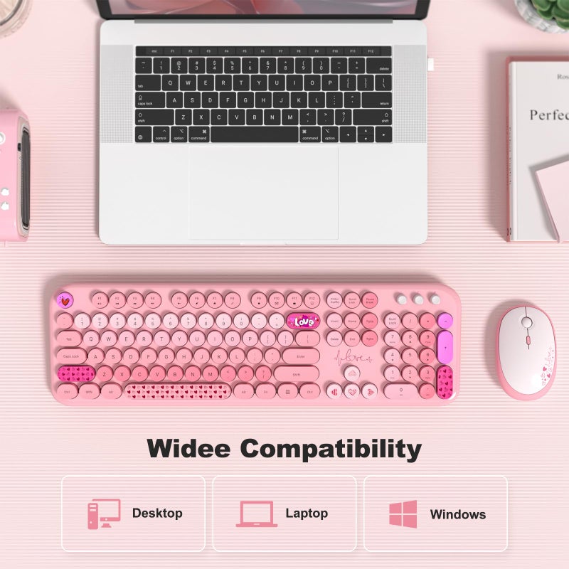 MOWUX Wireless Keyboard and Mouse Combo, MOWUX Full Size Typewriter Retro Round Computer Keyboard, Cute Optical Mouse Wireless, Plug and Play, for Laptop, PC, Computer- Pink Heart - Image 3