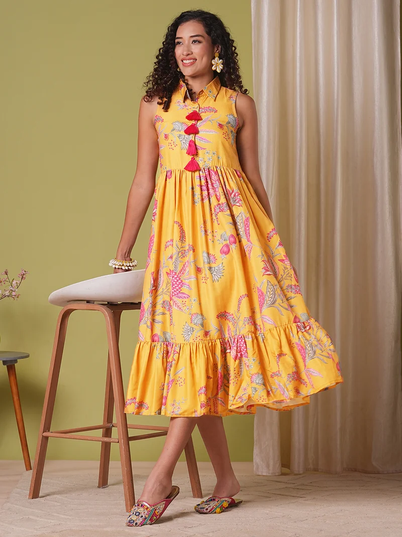 جلو باص Globus Women Yellow Shirt Collar Floral Print Tassel Detail Gathered A-Line Tiered Midi Fusion Dress