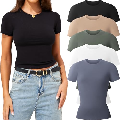 CE' CERDR 3/5 Pack Womens T Shirts Crew Neck Short Sleeve Shirts for Women Casual Basic Fitted Stretchy Tee Tops - Image 1
