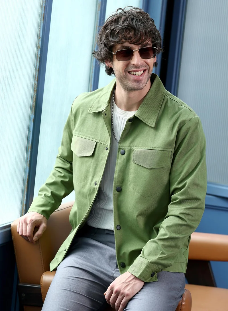 Men Utility-Twill Jacket | Point Collar, Long Button-Cuff Sleeves | Snap Button , Straight Hem | Solid Twill | Woven Fabric For Casual & Daily Wear | Dark Pistachio