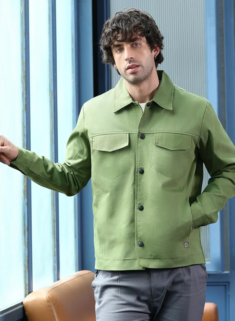 Campus Sutra Men Utility-Twill Jacket | Point Collar, Long Button-Cuff Sleeves | Snap Button , Straight Hem | Solid Twill | Woven Fabric For Casual & Daily Wear | Dark Pistachio