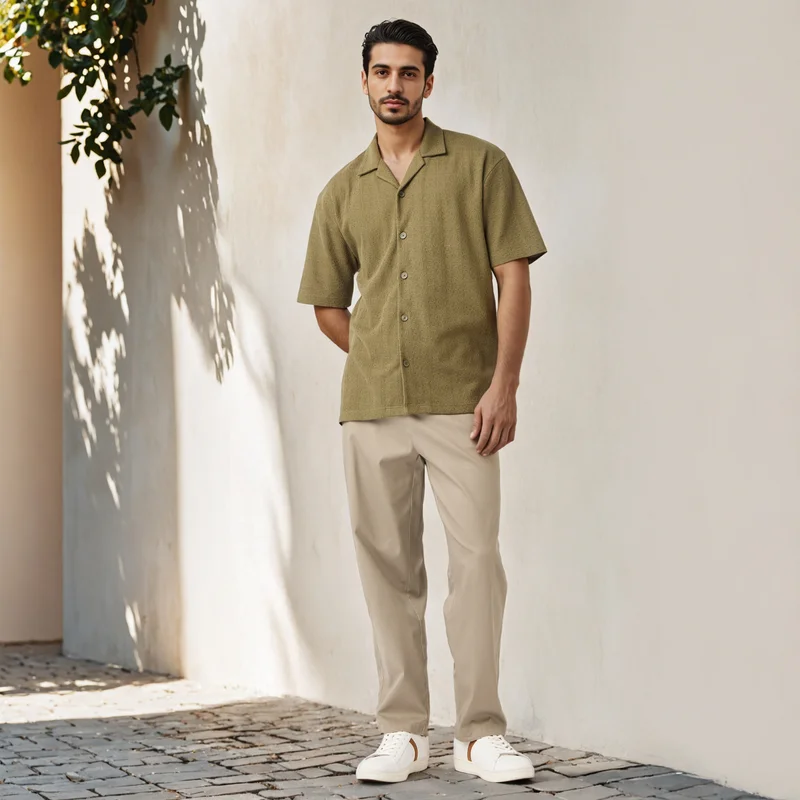 Iconic Iconic Regular Fit Textured Shirt with Camp Collar