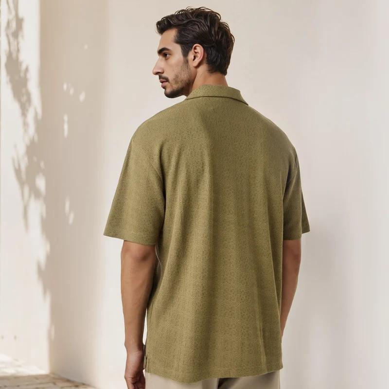 Iconic Iconic Regular Fit Textured Shirt with Camp Collar