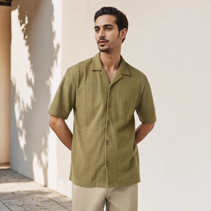Iconic Iconic Regular Fit Textured Shirt with Camp Collar