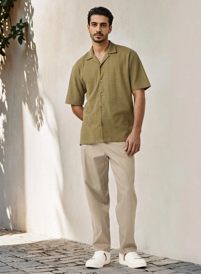 Iconic Iconic Regular Fit Textured Shirt with Camp Collar