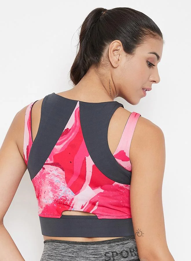 Clovia  Pink Abstract Print Medium Impact Padded Sports Bra for Women | Best Price UAE