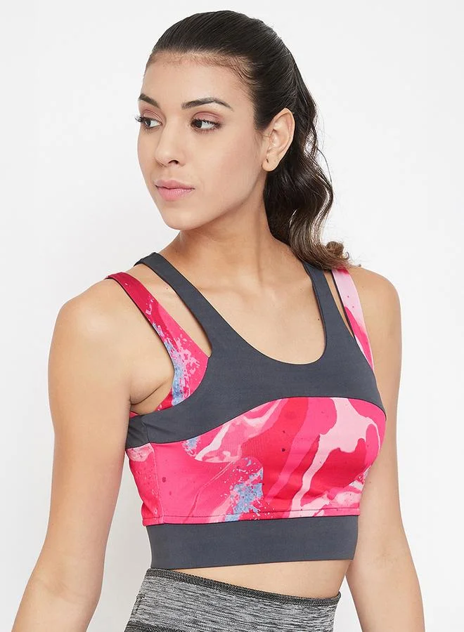 كلوفيا Pink Abstract Print Medium Impact Padded Sports Bra