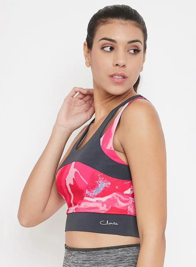 Clovia  Pink Abstract Print Medium Impact Padded Sports Bra for Women | Best Price UAE
