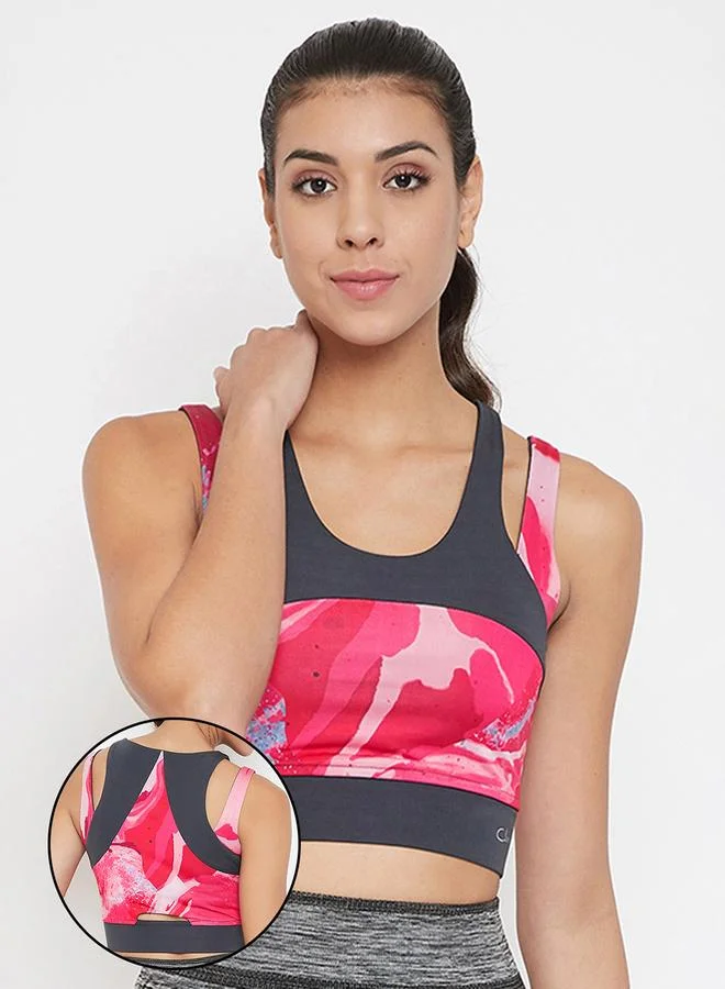 كلوفيا Pink Abstract Print Medium Impact Padded Sports Bra
