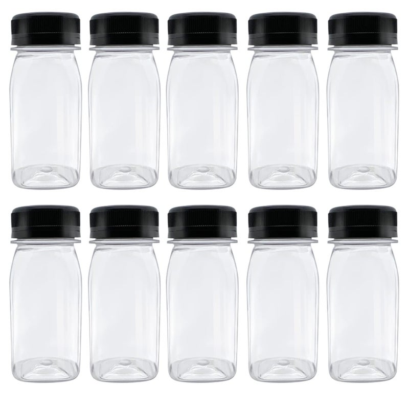 MYYZMY 10 Pcs 4 Ounce Plastic Juice Bottles Reusable Bulk Beverage Containers for Juice Milk and Other Beverages Black lid