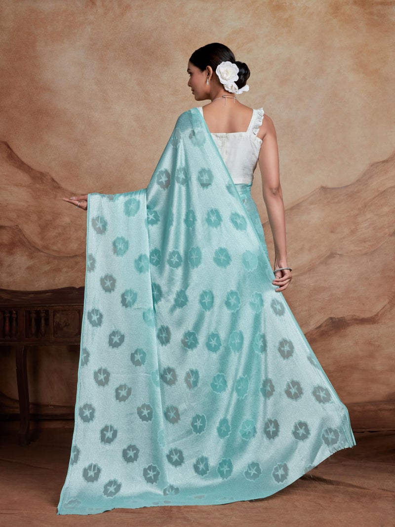EthnicJunction Women's Georgette Jacquard Saree With Blouse Piece (Sky) - Image 3