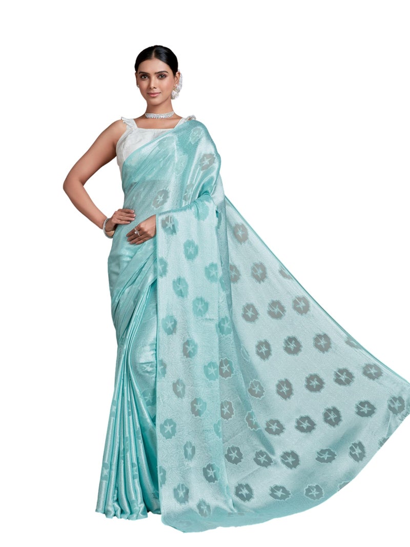 EthnicJunction Women's Georgette Jacquard Saree With Blouse Piece (Sky) - Image 1