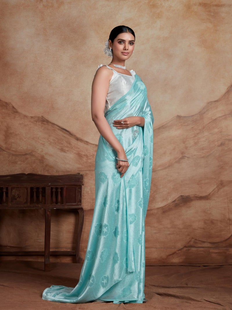 EthnicJunction Women's Georgette Jacquard Saree With Blouse Piece (Sky) - Image 4