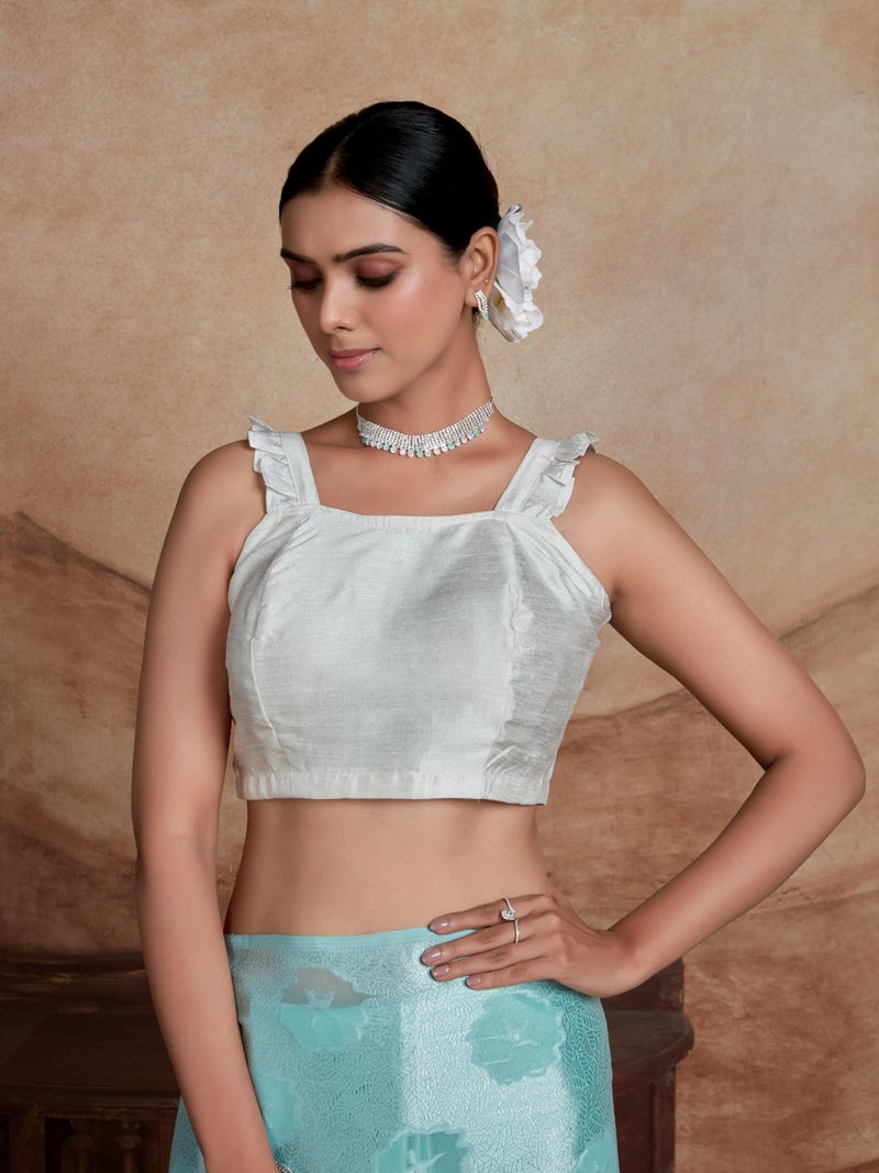 EthnicJunction Women's Georgette Jacquard Saree With Blouse Piece (Sky) - Image 5