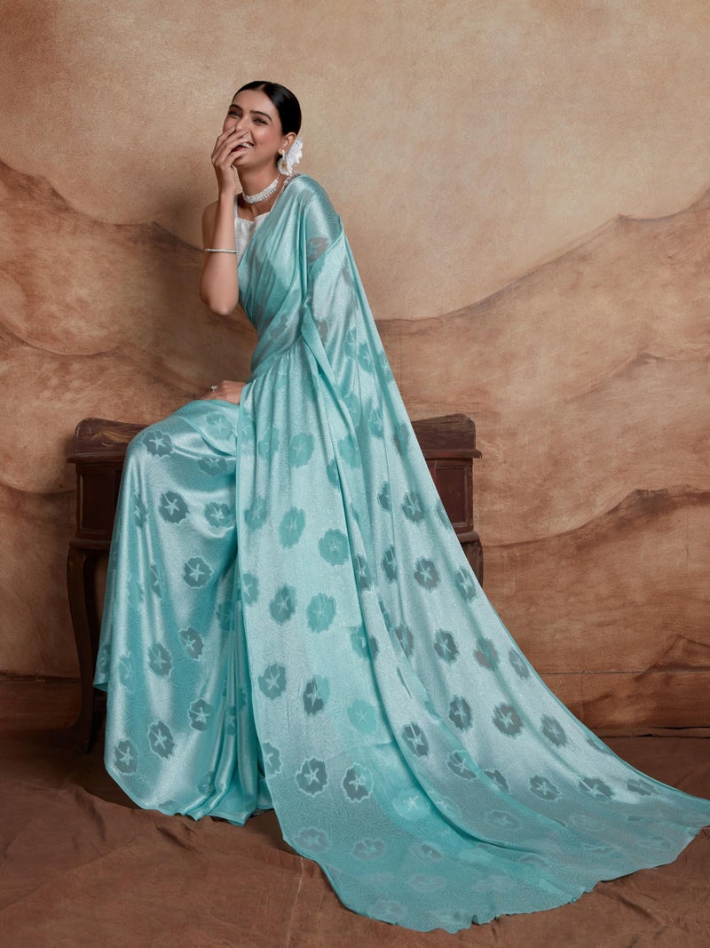 EthnicJunction Women's Georgette Jacquard Saree With Blouse Piece (Sky) - Image 2