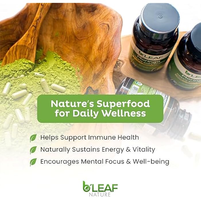B'Leaf Nature Moringa Capsules Organic 1000mg — Pure Moringa Oleifera Leaf Powder Capsules for Energy & Immune Support | Non-GMO Gluten Free Vegan Superfood | 90 Veggie Capsules - Image 4