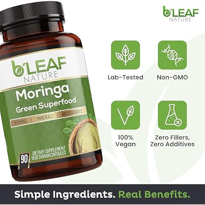 B'Leaf Nature Moringa Capsules Organic 1000mg — Pure Moringa Oleifera Leaf Powder Capsules for Energy & Immune Support | Non-GMO Gluten Free Vegan Superfood | 90 Veggie Capsules - Image 3