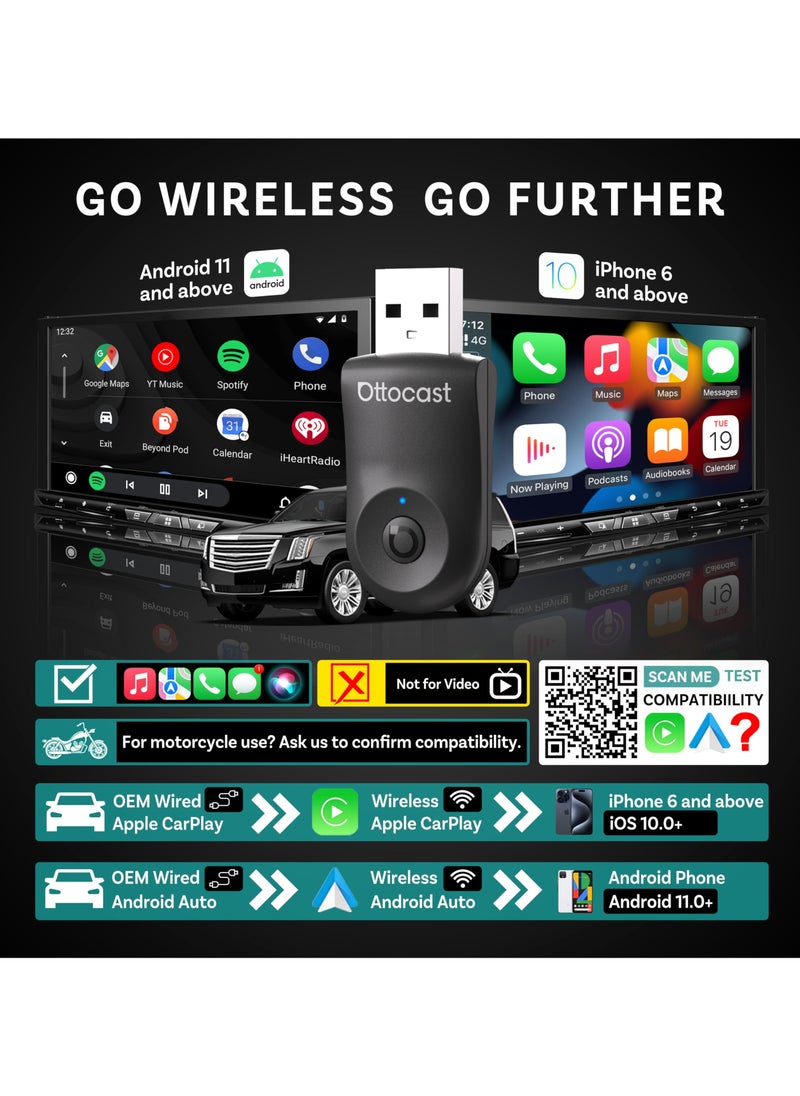 OTTOCAST Mini Wireless CarPlay Adapter for iPhone & Android Auto Adapter 2-in-1 Convert Wired to Wireless Apple Car Play, Plug & Play, USB-C, Low Latency