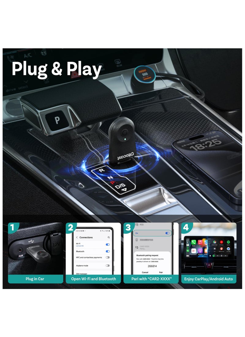OTTOCAST Mini Wireless CarPlay Adapter for iPhone & Android Auto Adapter 2-in-1 Convert Wired to Wireless Apple Car Play, Plug & Play, USB-C, Low Latency