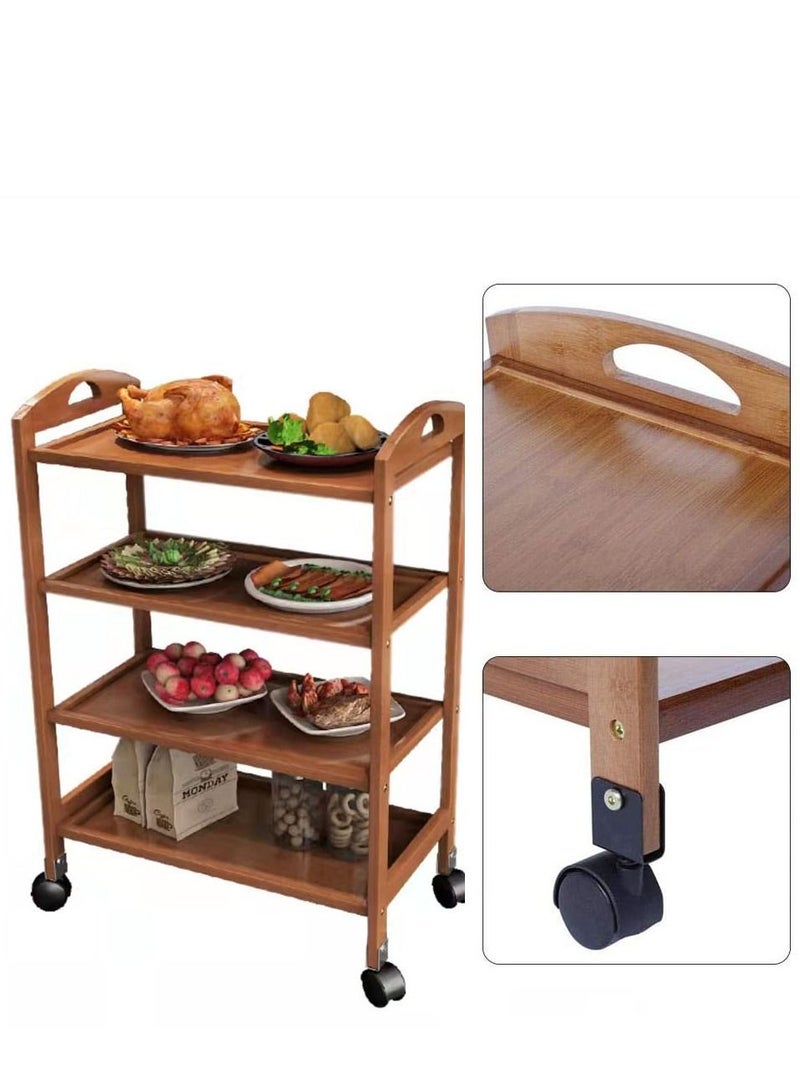 LINGWEI Wooden Food Serving Trolly Bamboo Cart Kitchen Storage Rack Utility Cart With Movable Wheels Brown 60x81x33cm - Image 1