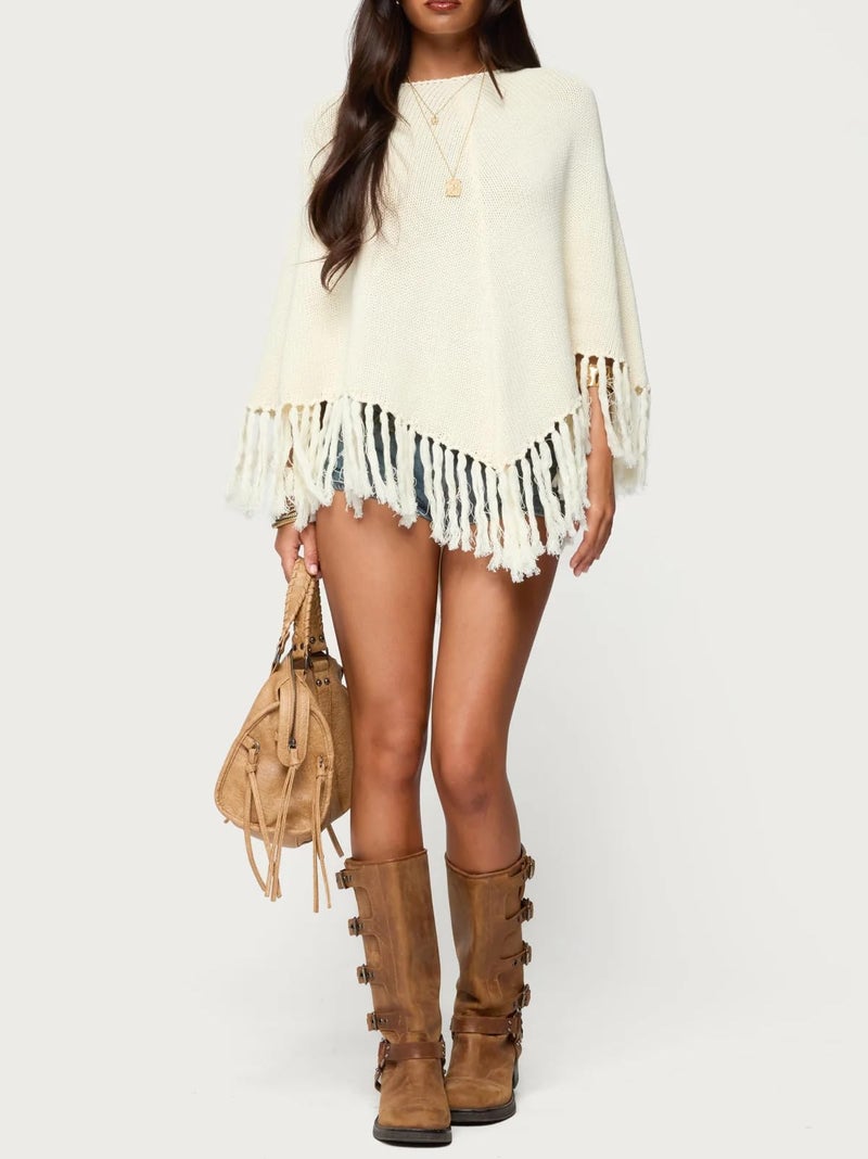 Argeousgor Women Tassel Poncho Sweater Y2K Knitted Pullover Poncho Shawl Lightweight Fringe Wrap Cardigan Knitwear Cape - Image 3