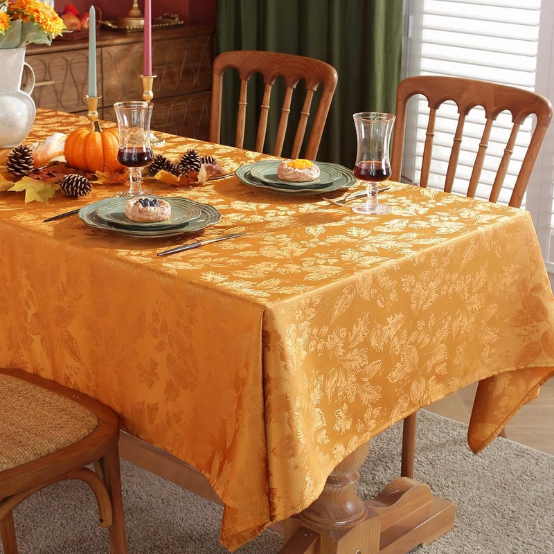SASTYBALE Maple Leaves Jacquard Rectangle Thanksgiving Tablecloth SpillProof Non Slip Damask Table Cloth Heavy Duty Oblong Table Cover for Fall Autumn Harvest Rectangular 60 x 84 Inch Amber - Image 2