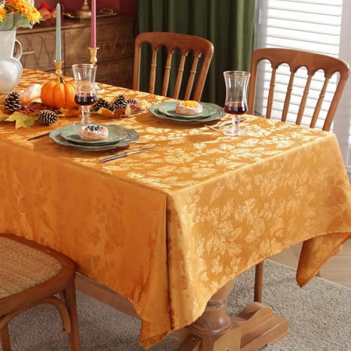 SASTYBALE Maple Leaves Jacquard Rectangle Thanksgiving Tablecloth SpillProof Non Slip Damask Table Cloth Heavy Duty Oblong Table Cover for Fall Autumn Harvest Rectangular 60 x 84 Inch Amber - Image 1