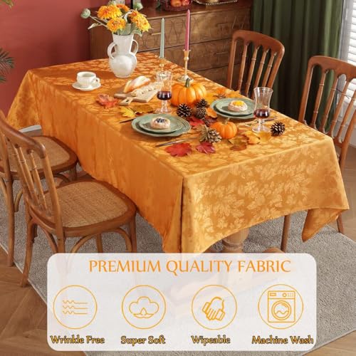 SASTYBALE Maple Leaves Jacquard Rectangle Thanksgiving Tablecloth SpillProof Non Slip Damask Table Cloth Heavy Duty Oblong Table Cover for Fall Autumn Harvest Rectangular 60 x 84 Inch Amber - Image 3