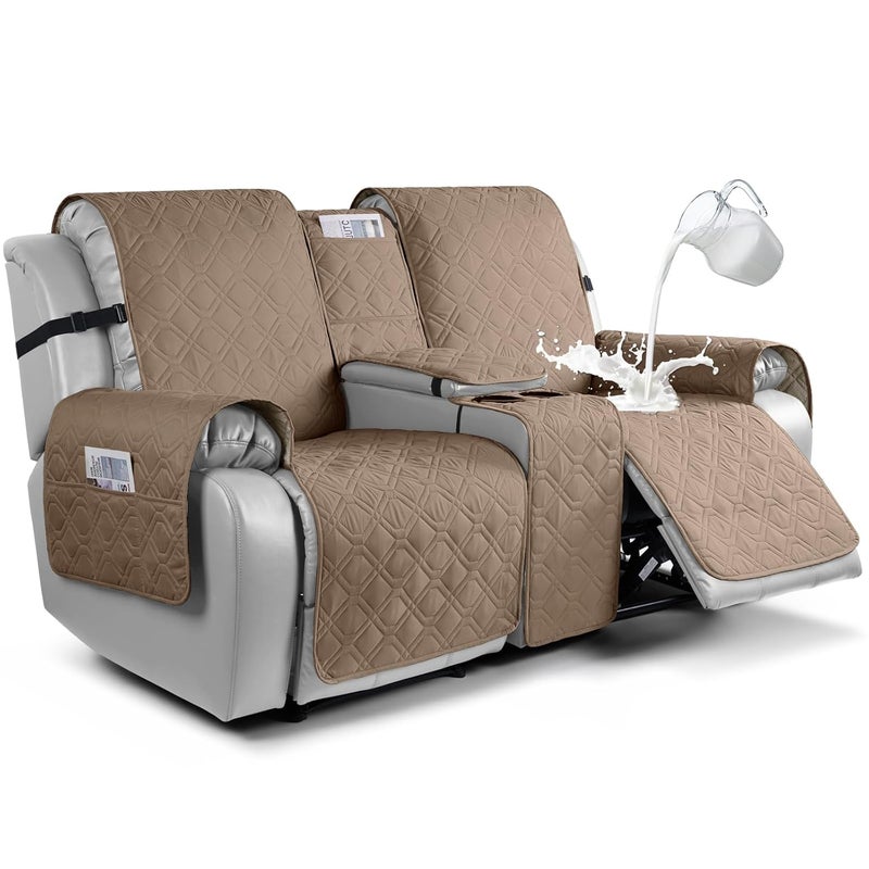 MK International Polyester 2 Seater Recliner Sofa Cover with Console Water Resistant Loveseat Recliner Sofa Slipcovers Furniture Protector for Kids, Pets (Light Brown)  - Image 1