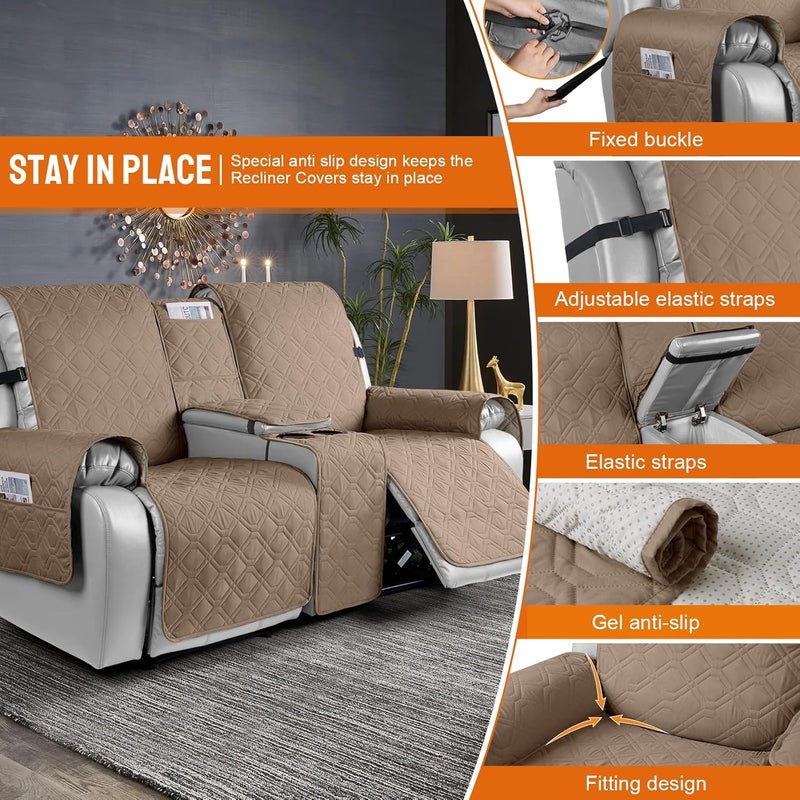 MK International Polyester 2 Seater Recliner Sofa Cover with Console Water Resistant Loveseat Recliner Sofa Slipcovers Furniture Protector for Kids, Pets (Light Brown)  - Image 3