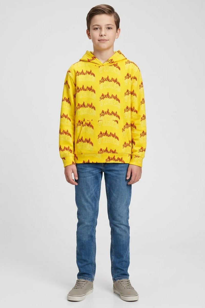brooklyn Kids Boy Hooded Allover Print Long Sleeves Sweatshirt, Yellow - Image 1