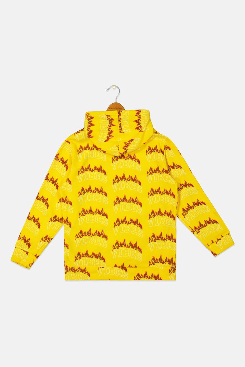 brooklyn Kids Boy Hooded Allover Print Long Sleeves Sweatshirt, Yellow - Image 3