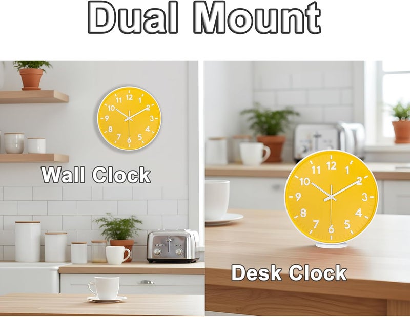 JENLYSTIME ساعة حائطية حديثة من للاستخدام الداخلي أو الخارجي، عقارب دائرية زاهية وملونة، تعمل ببطارية كوارتز بدون صوت، سهلة القراءة وبتصميم بسيط، مناسبة لغرفة النوم أو المطبخ (لون أصفر). - Image 2