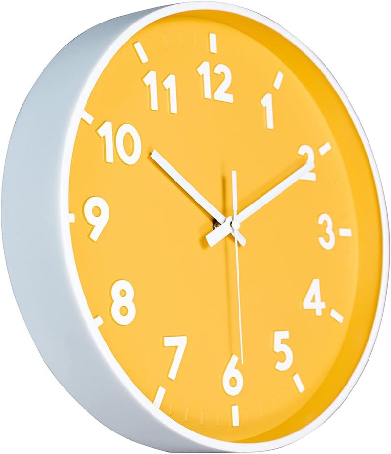 JENLYSTIME ساعة حائطية حديثة من للاستخدام الداخلي أو الخارجي، عقارب دائرية زاهية وملونة، تعمل ببطارية كوارتز بدون صوت، سهلة القراءة وبتصميم بسيط، مناسبة لغرفة النوم أو المطبخ (لون أصفر). - Image 3