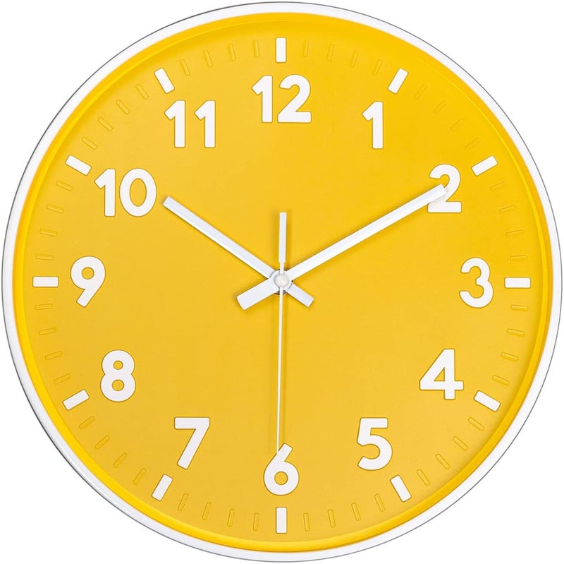 JENLYSTIME ساعة حائطية حديثة من للاستخدام الداخلي أو الخارجي، عقارب دائرية زاهية وملونة، تعمل ببطارية كوارتز بدون صوت، سهلة القراءة وبتصميم بسيط، مناسبة لغرفة النوم أو المطبخ (لون أصفر). - Image 1