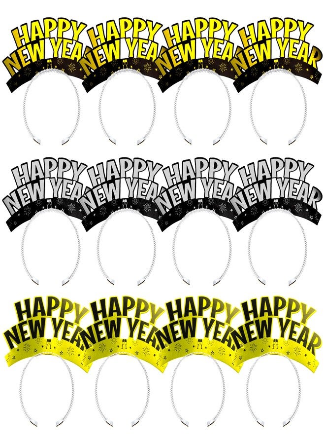 Melisheer 12PCS New Years Eve Party Supplies, Happy New Year Headband Aluminum Foil Happy New Year Party Favors Gold Silver Black Tiara Headband Accessories for Adults Eve Party Wearable Decorations - Image 1