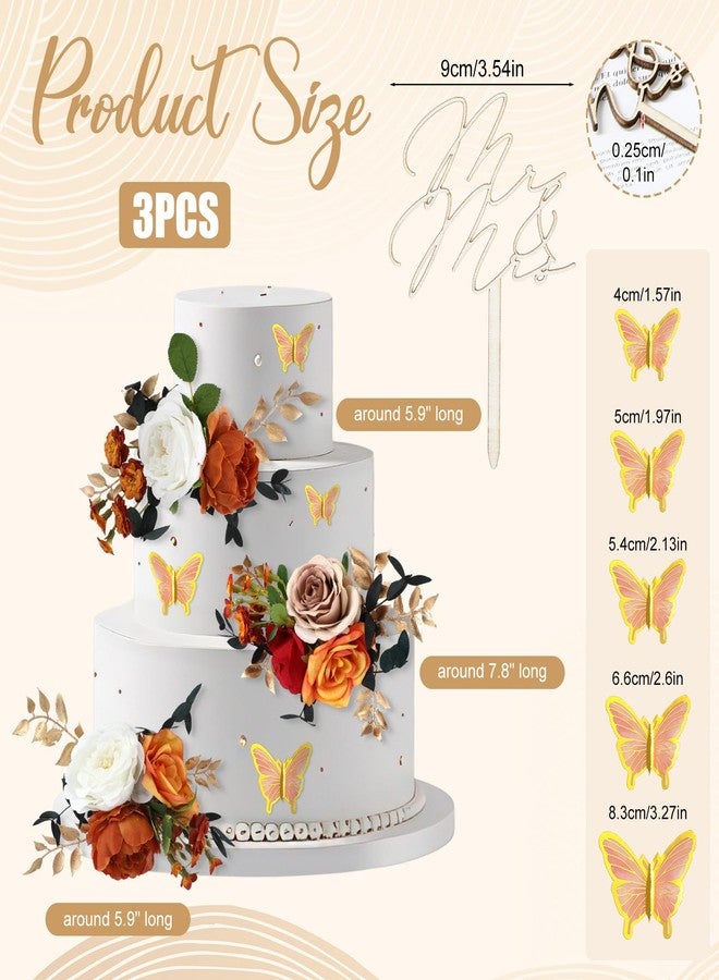 Leinuosen 14 Pcs Wedding Cake Flowers Set Include 3 Burnt Orange Flowers for Cake Decorating 1 Wood Mr & Mrs Toppers 10 Butterfly Decoration Cakes Topper for Wedding Anniversary Birthday Party Decor - Image 2