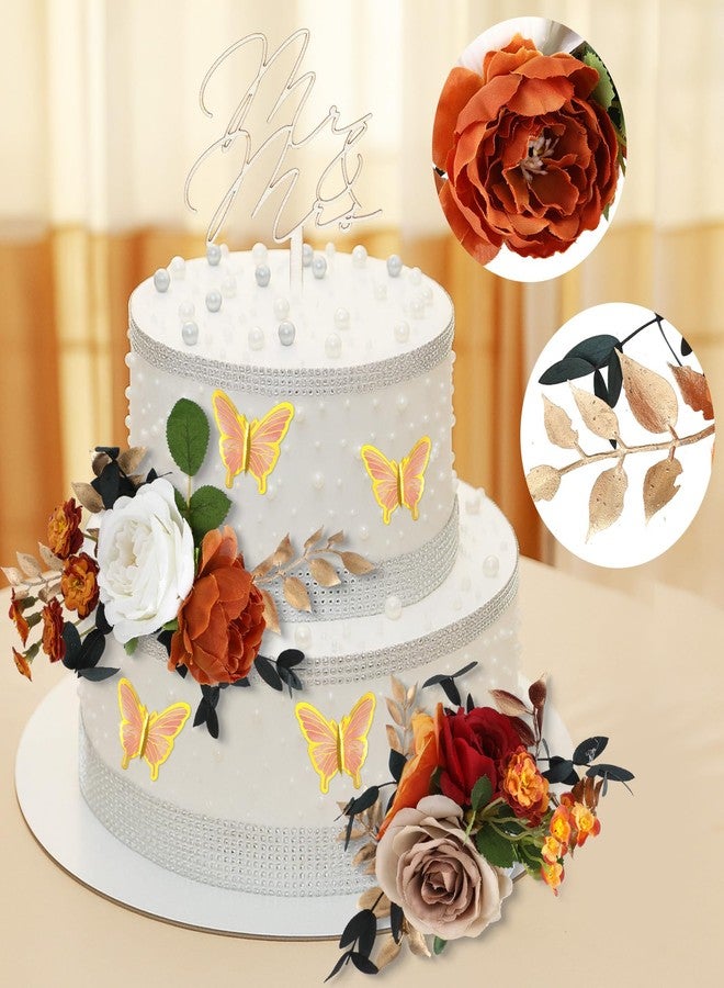 Leinuosen 14 Pcs Wedding Cake Flowers Set Include 3 Burnt Orange Flowers for Cake Decorating 1 Wood Mr & Mrs Toppers 10 Butterfly Decoration Cakes Topper for Wedding Anniversary Birthday Party Decor - Image 3