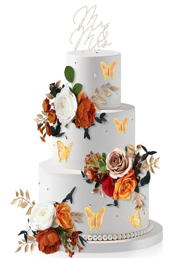 Leinuosen 14 Pcs Wedding Cake Flowers Set Include 3 Burnt Orange Flowers for Cake Decorating 1 Wood Mr & Mrs Toppers 10 Butterfly Decoration Cakes Topper for Wedding Anniversary Birthday Party Decor - Image 1