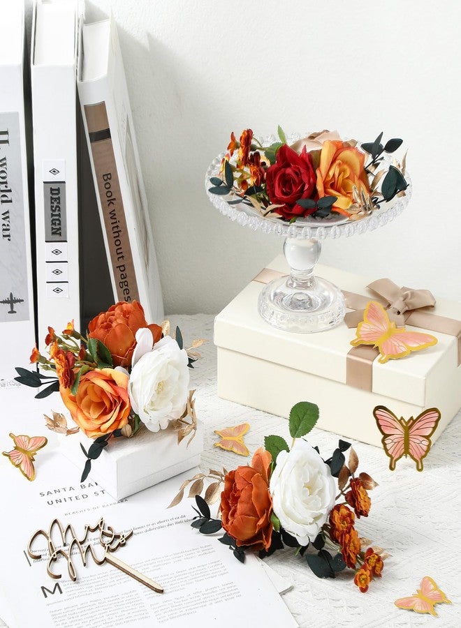 Leinuosen 14 Pcs Wedding Cake Flowers Set Include 3 Burnt Orange Flowers for Cake Decorating 1 Wood Mr & Mrs Toppers 10 Butterfly Decoration Cakes Topper for Wedding Anniversary Birthday Party Decor - Image 4