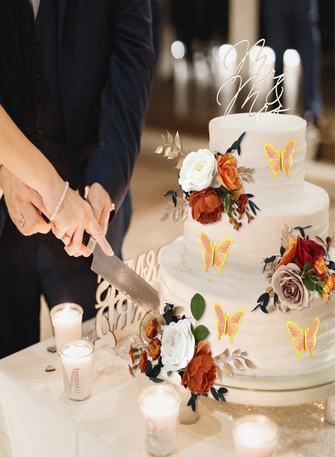 Leinuosen 14 Pcs Wedding Cake Flowers Set Include 3 Burnt Orange Flowers for Cake Decorating 1 Wood Mr & Mrs Toppers 10 Butterfly Decoration Cakes Topper for Wedding Anniversary Birthday Party Decor - Image 5