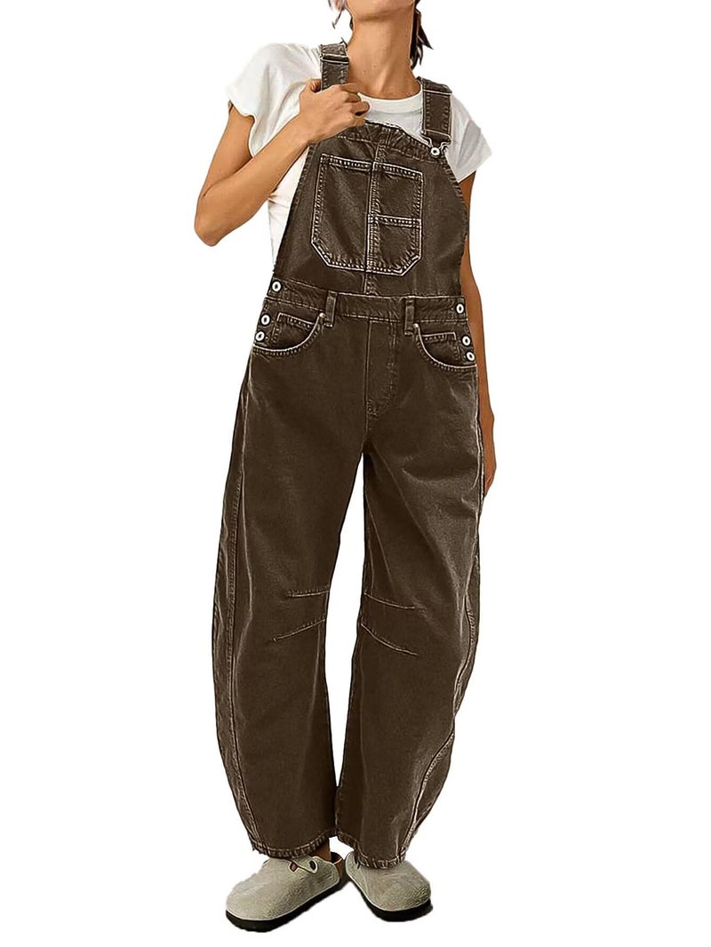 Flamingals Barrel Leg Stitch Detail Button Side Denim Overalls for Women Casual Jumpsuits with Pockets Mocha L - Image 1