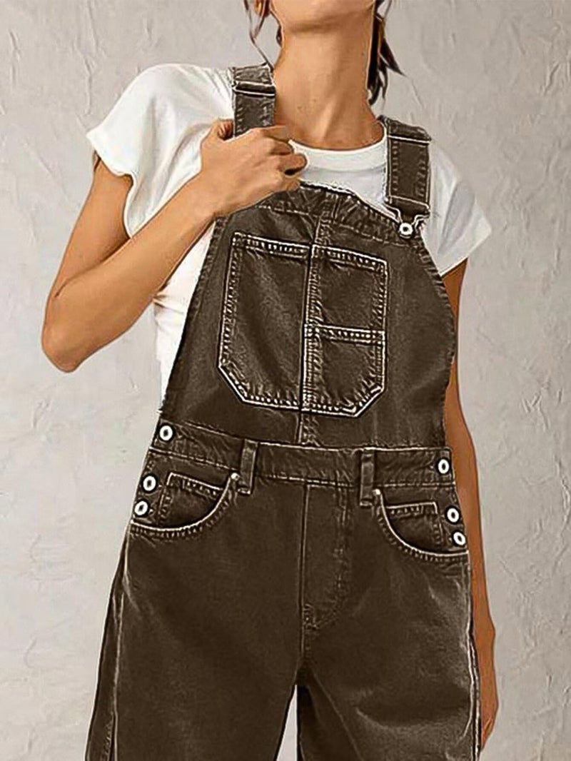 Flamingals Barrel Leg Stitch Detail Button Side Denim Overalls for Women Casual Jumpsuits with Pockets Mocha L - Image 2