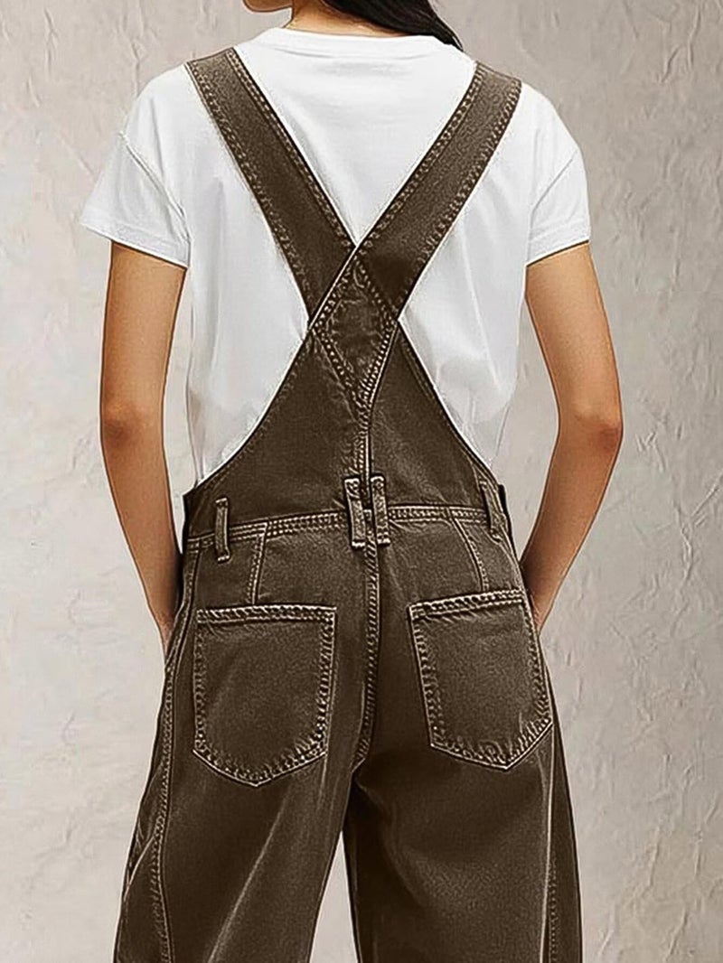 Flamingals Barrel Leg Stitch Detail Button Side Denim Overalls for Women Casual Jumpsuits with Pockets Mocha L - Image 4