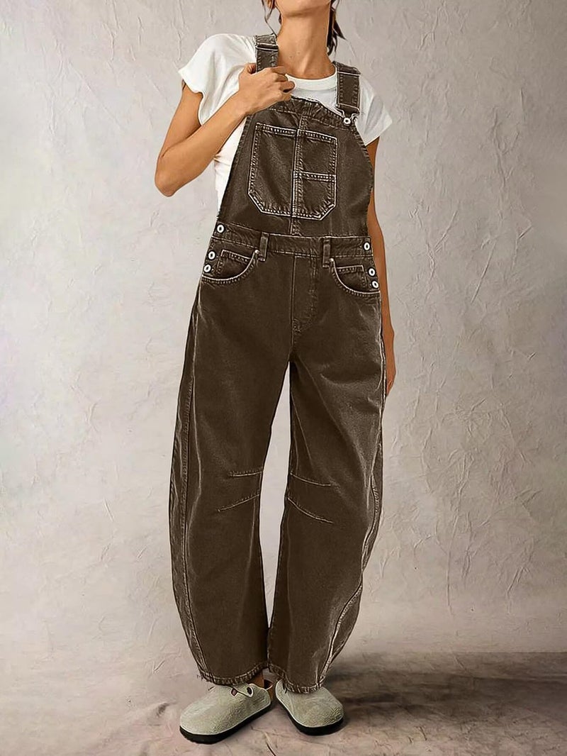 Flamingals Barrel Leg Stitch Detail Button Side Denim Overalls for Women Casual Jumpsuits with Pockets Mocha L - Image 3